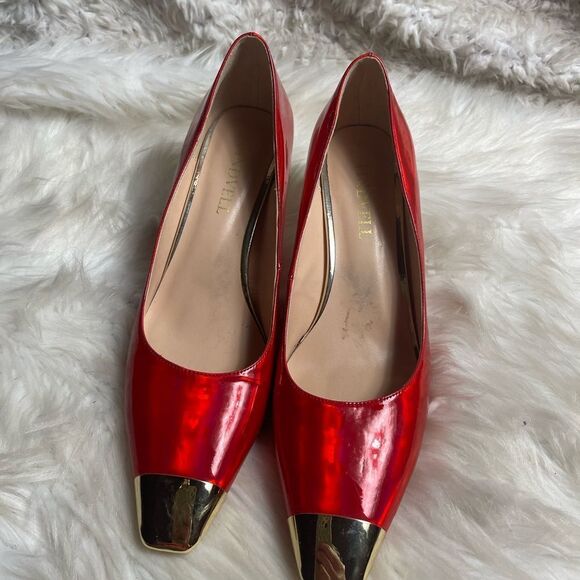 Findvell synthetic patent Red and gold square toe slip on kitten gold heels, SZ9 - Picture 3 of 8